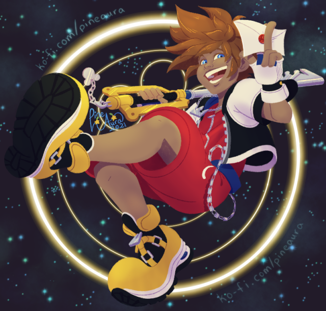 Illustration of Sora from Kingdom Hearts holding up his keyblade over one of his shoulders while his other hand holds the Super Smash Brothers envelope. He's smiling jubilantly towards the viewer as he's floating in front of a glowing circle and starry sky.