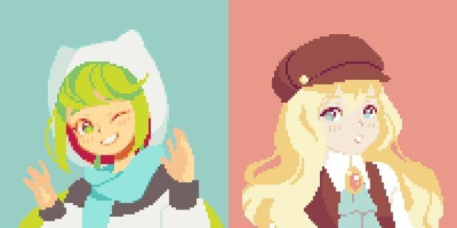 a pixel art illustration of two characters depicted from the bust up. one is a green haired girl winking with her hands up and the other is a long haired blonde with a brown hat