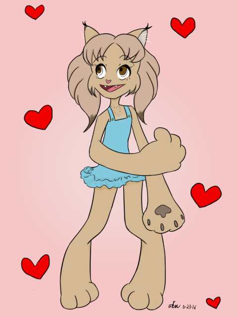 Digital drawing of my fursona, a cute lynx with big paws. Hearts surround her.