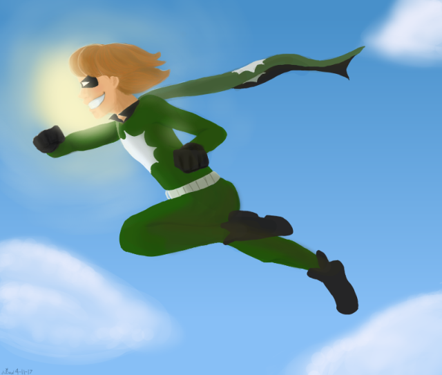 A digital painting of a superhero flying through the sky.