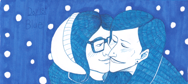 A traditional drawing of some sapphic ladies about to kiss, entirely in blue.