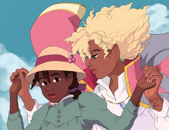 A screencao redraw of Howl’s Moving Castle, except Sophie is Leelums and Howl is Marcie (Leelums’ partner irl, brown skinned, with curly blonde hair flowing in the wind). They are in the sky flying