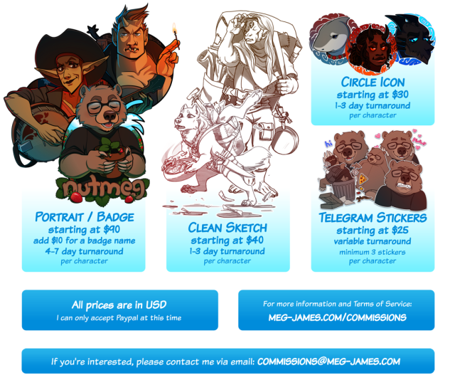 Commission information sheet, part two. Four commission types are shown.  Portrait / Badge, starting at $90, add $10 for a badge name, 4-7 day turnaround per character. Clean Sketch, starting at $40, 1-3 day turnaround per character. Circle Icon, starting at $30, 1-3 day turnaround per character. Telegram Stickers, starting at $25, variable turnaround, minimum 3 stickers per character. All prices are in USD; I can only accept PayPal at this time. For more information and Terms of Service: meg-james.com/commissions

