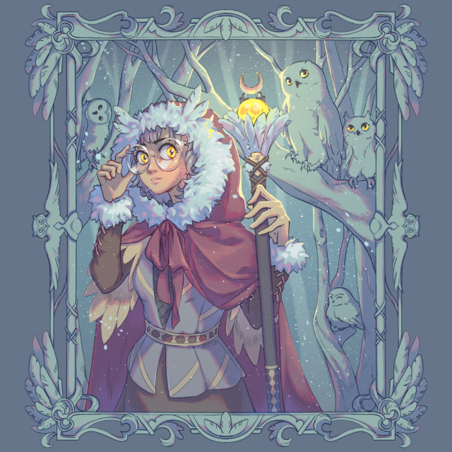 Owl sorcerer in a forest with owls sitting on branches in the background