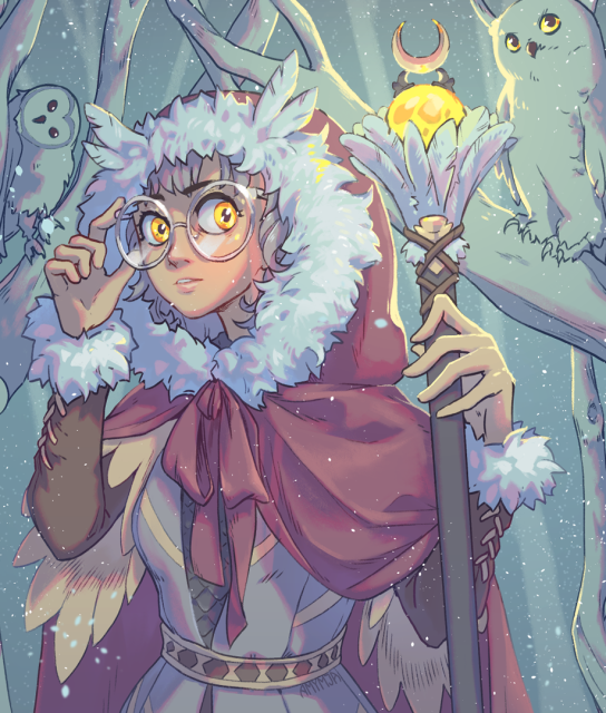 Close up of owl sorcerer in a forest with owls sitting on branches in the background
