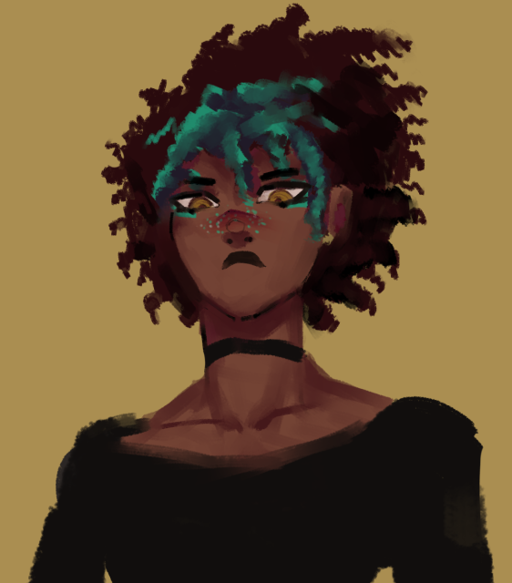 A dude looking down on you, the front of his curly hair has been colored turquoise, at least I think that's the color, I don't know the names of all colors