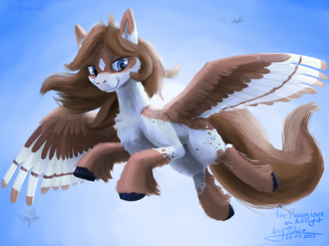 A brown and white pegasus pony soaring through a clear blue sky. The sun is shining through her feathers and she is smiling and looking at the viewer. 