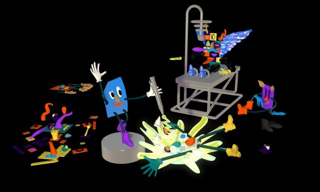 3D art. A file exploding a different file. In the back, a file composed of many parts together rises from a bed.