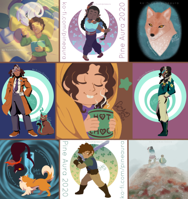 Various illustrations I've done in 2020 compiled in a similar format to the art vs artist compilations in the art community where a picture of me (drawn in this instance) is in the middle and surrounding it on all sides are all the artwork I've made. The top screen left is fanart of Claude von Riegan with his white wyvern from Fire Emblem Three Houses. The middle next to it is an image of my original character Erru dancing. Next to that is my stylized coyote portrait. In the middle to screen left are my ocs Rocia and Acorn. A silly portrait of myself is in the middle. To the right of that is another of my ocs name Amrita. The last row from screen left is fanart of Ghost Trick: Phantom detective of a dog and cat, next to it is my oc Shushi, and the last one in the bottom right corner is an illustration of both Shushi and Erru.