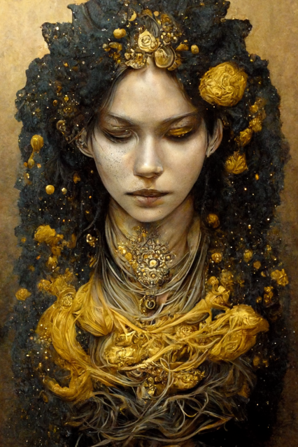 portrait of a goddess of dust, standing in a gold and silver particle dust
