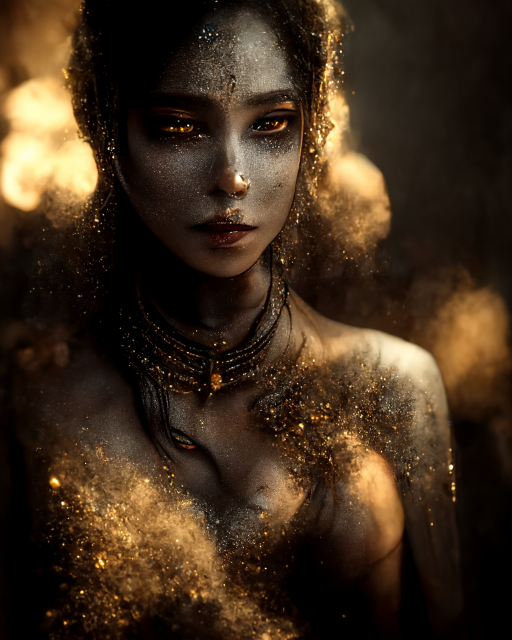 portrait of a goddess of dust, standing in a gold and silver particle dust