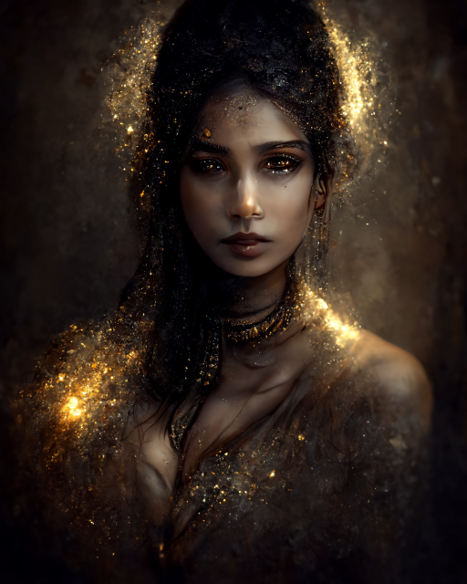 portrait of a goddess of dust, standing in a gold and silver particle dust