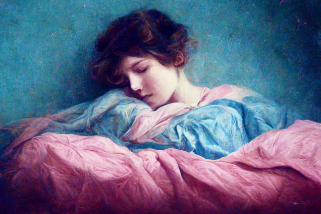 a painting of a woman, sleeping, soft delicate blue and pink pastel tones