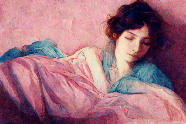 a painting of a woman, sleeping, soft delicate blue and pink pastel tones