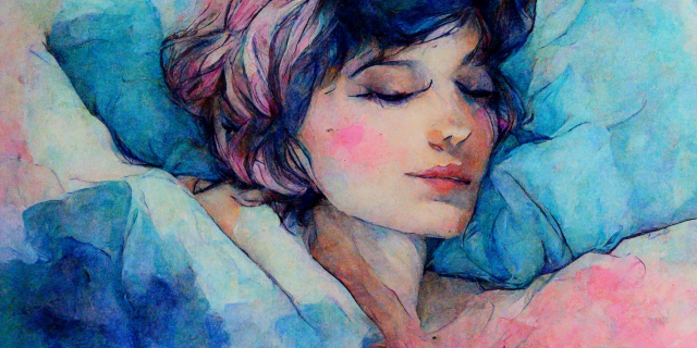 a painting of a woman, sleeping, soft delicate blue and pink pastel tones