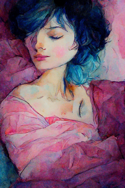 a painting of a woman, sleeping, soft delicate blue and pink pastel tones