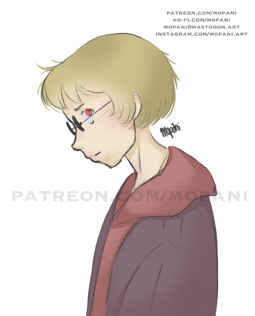 digital art, Tori from Mystery of You. A girl with short blonde hair, dark sunglasses and red eyes with a little cross instead of the pupille.