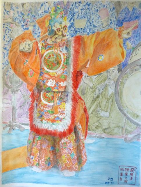 A traditional Japanese dancer with a fierce-looking animal mask and very colourful clothes, predominantly orange, with wide sleeves and baggy trousers, and a long, embroidered tunic. In the background people in yukata and musicians playing flutes and percussion.