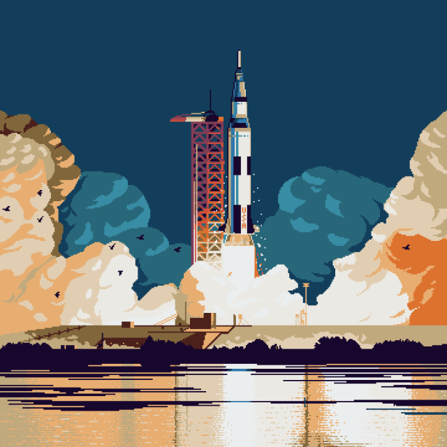 Pixel art painting of the Apollo 11 mission launch