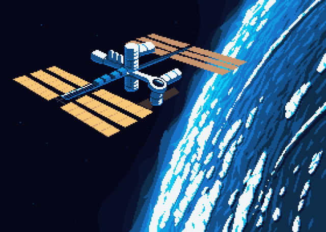 Pixel art painting of a space station in orbit around a planet.