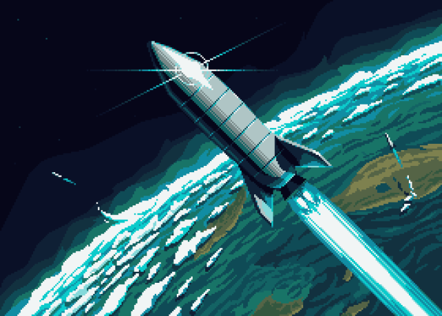 Pixel art painting of several shiny rockets leaving the atmosphere.