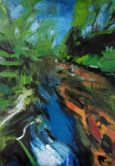 An energetic painting of a blue stream with orange rocks in it, surrounded by greenery.