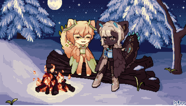 two nuthos enjoying hot chocolate next to a campfire