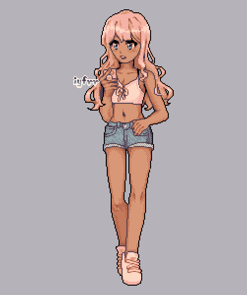 a tan girl with pink hair, a white crop top, and short jeans looking at her phone