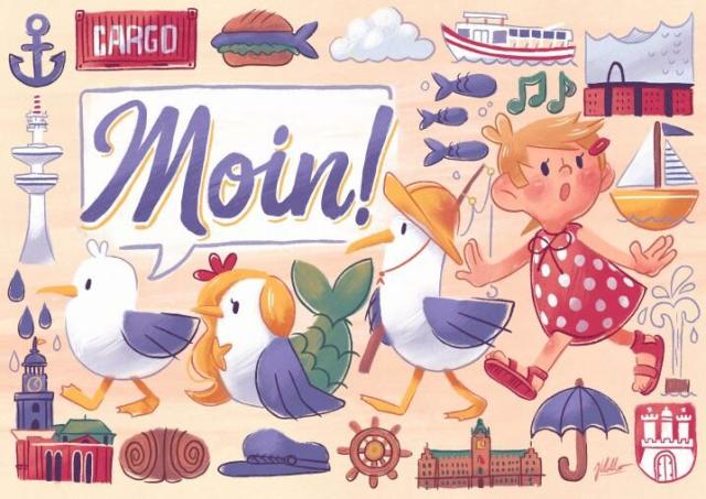 Moin! That's the most common greeting in nothern germany and Hamburg specifically. We see three seagulls, one short, one a Mer-Gull and one tall one in a fisher outfit and a little girl in a polka dot dress walking through lots of symbolic elements of Hamburg. From the buildings to the constant bad weather to the iconic fish-bread. So many impressions from such a large city.