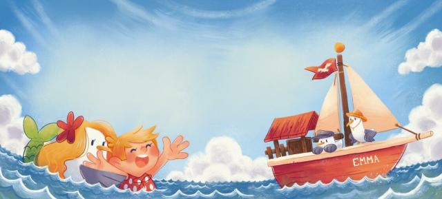 Pamela the Mer-Gull is helping keeping the little girl Lotti afloat in the ocean. Lotti is having a lot of fun while the other two gulls are watching, one mildly distressed , the other slightly annoyed from the small boat on which they travel. Those human kids, always so troublesome!