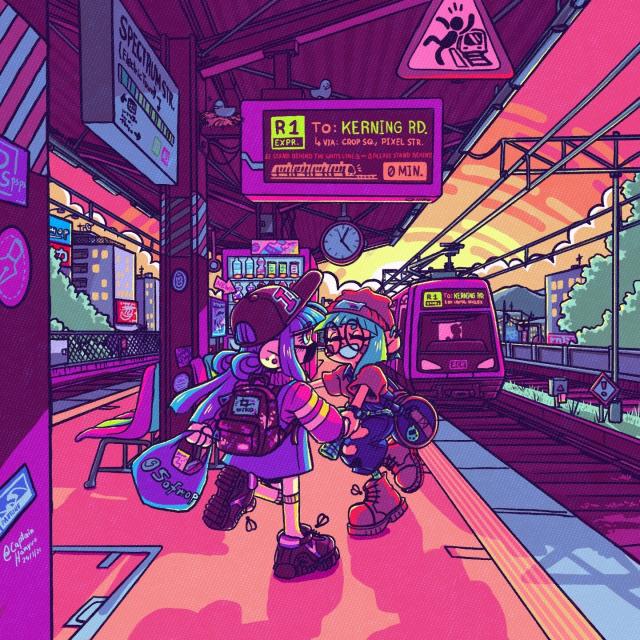 "Hurry up you slowpoke! We're gonna miss the train!" RGB-chan yelled, grabbing CMYK-chans hand. The metro to Kerning Road is about to depart, passing through Crop Square and Pixel Street. The sun is about to set, engulfing her girlfriend into a warm atmosphere as she sprints towards the closing doors.