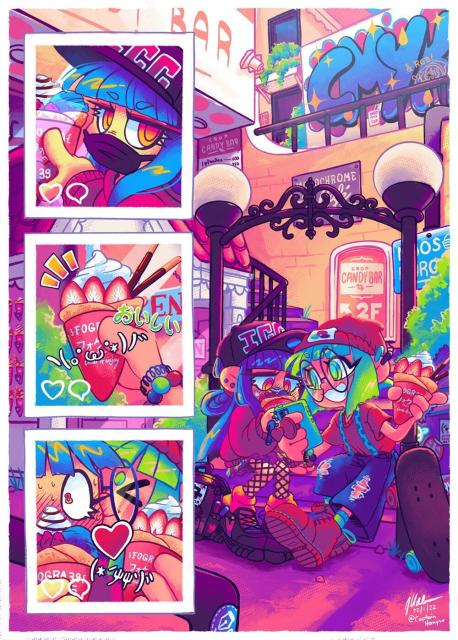 A warm evening in a Harajuku-esque neighborhood. RGB-chan and CMYK-chan went to get filled crêpes and RGB-chan being the social media nut she is took lots of pictures, including one surprise smooch towards CMYK-chan! The latter now hides behind her snack very flustered while her girlfriend shows her the cute photos.