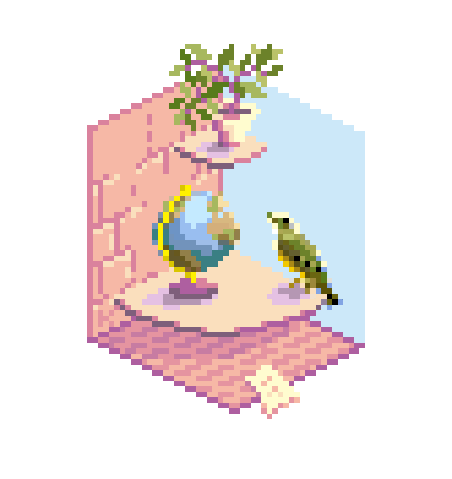 Pixel art miniature showing a bird sitting and looking at a globe