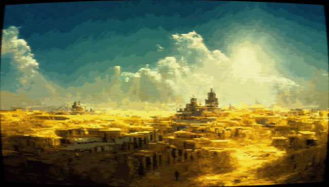 Pixel art of a massive golden ancient city under a blue sky. The image has a CRT filter applied.