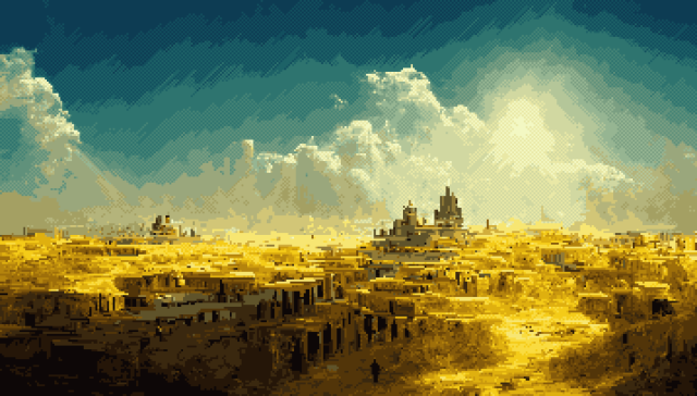 Pixel art of a massive golden ancient city under a blue sky. 