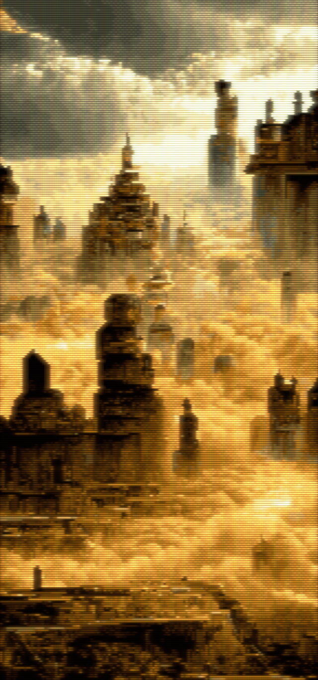 Phone wallpaper of a pixel art of a massive golden ancient city under a blue sky. The image has a CRT filter applied.