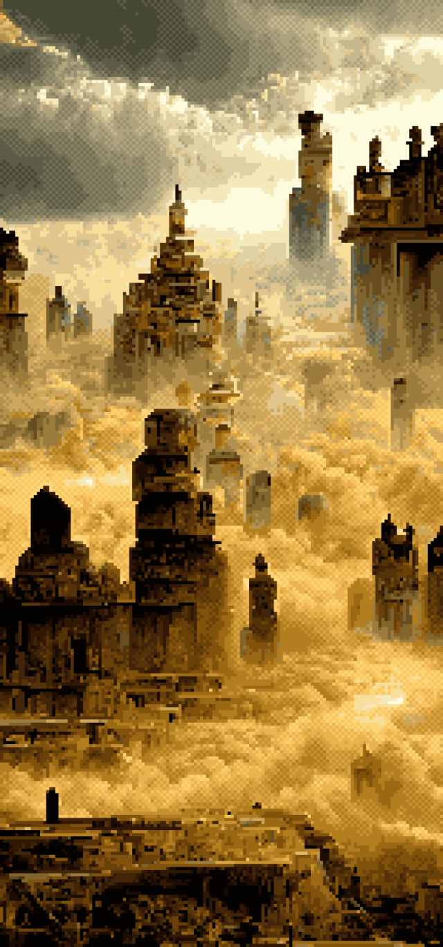Phone wallpaper of a pixel art of a massive golden ancient city under a blue sky.  