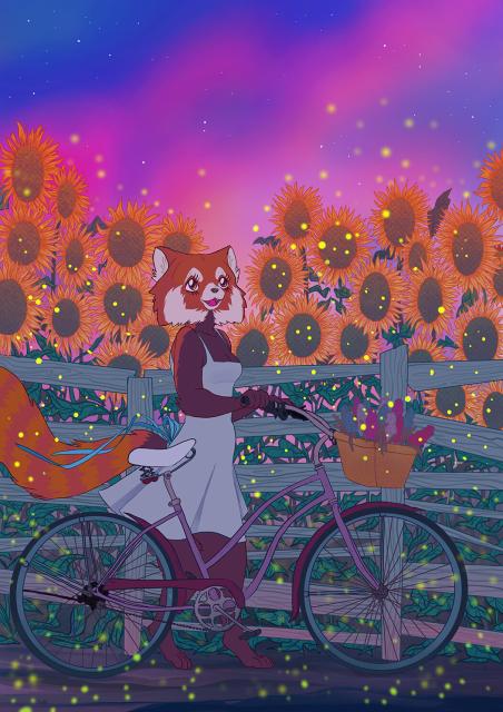 An anthropomorphic red panda gal with a bike, admiring fireflies in front of a sunflower field