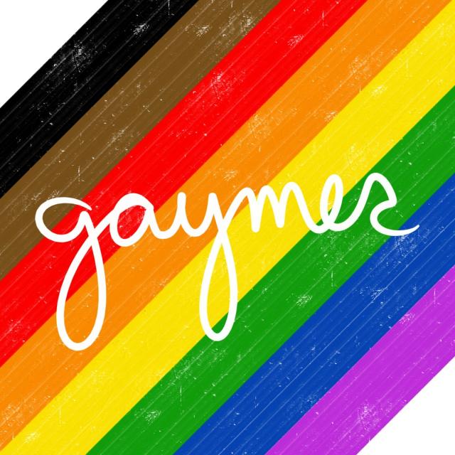 Digital painting of a diagonal Philly Pride flag. The word 'gaymer' is written in white atop the flag. 