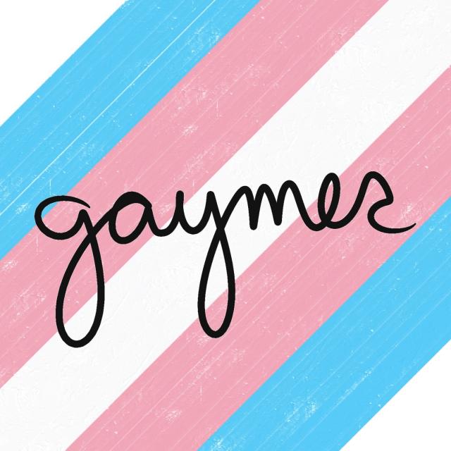 Digital painting of a diagonal trans pride flag. The word "Gaymer" is written in black cursive in the foreground. 