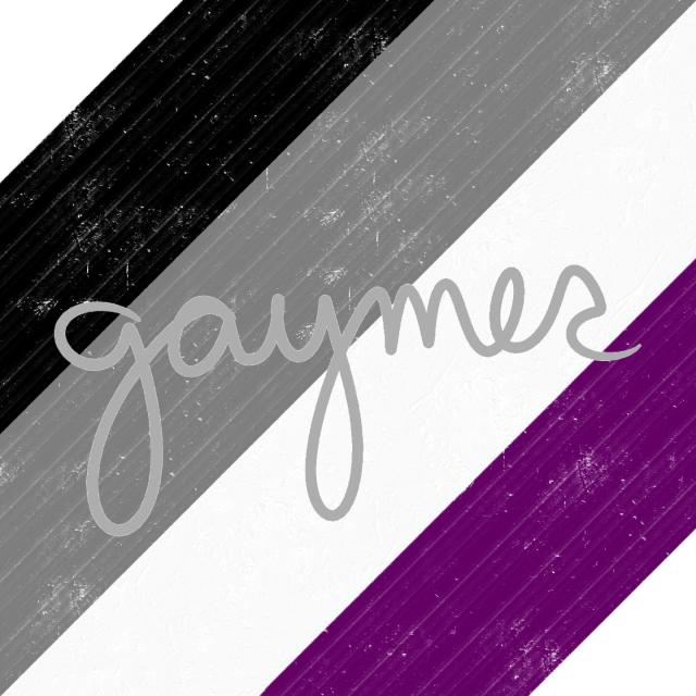 Digital painting of a diagonal asexual pride flag. The word "Gaymer" is written in grey cursive in the foreground. 