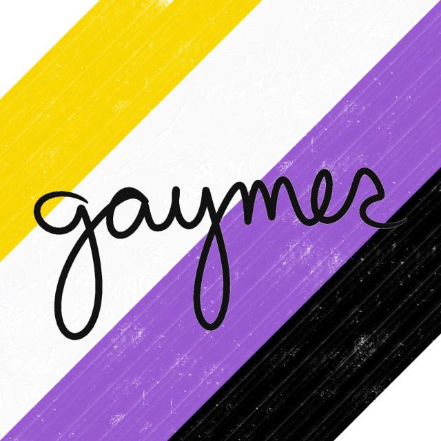 Digital painting of a diagonal non-binary pride flag. The word 'gaymer' is written in black cursive in the foreground.