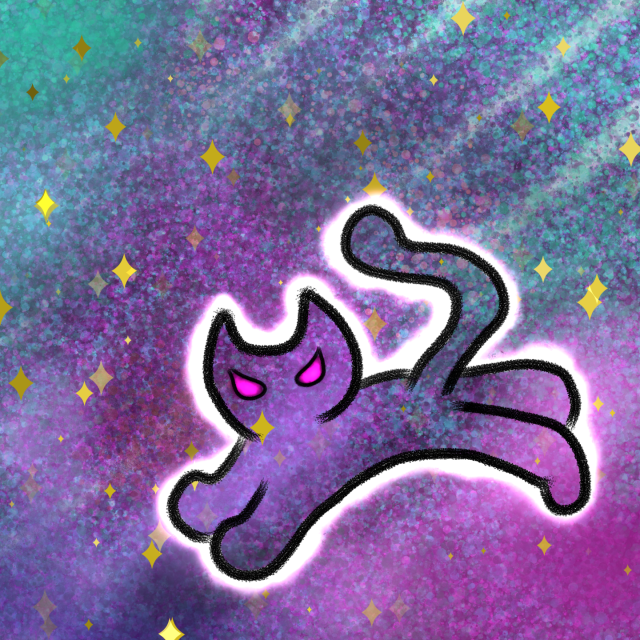 A digital watercolor painting of a cat. The setting is an abstract take on space, with speckles of purples, blues, pinks and greens mixed together. Stylized gold stars are randomly scattered about.
The cat is actually a black outline of a cat, leaping across the bottom right part of the image. It has a white glow around the outline, and its eyes glow pink. 