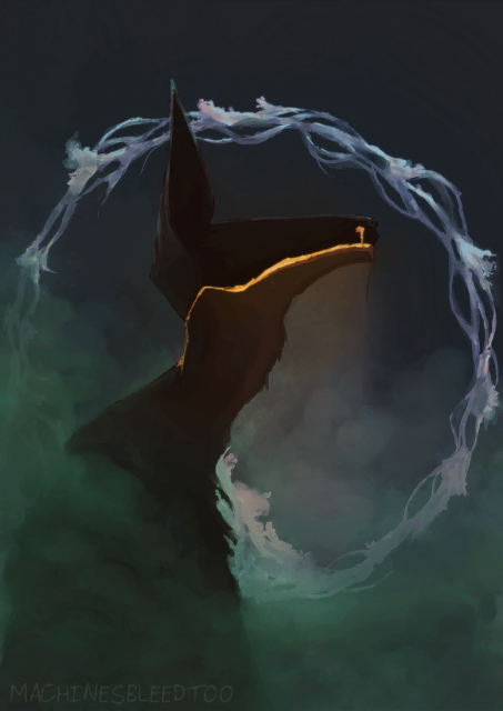 A black canine-like creature with no eyes and pointed ears stands upright and slightly angles its head upwards with its shoulders slumped. its head has a pronounced curve along the top. It has a line splitting the top and bottom half of its head, like a mouth that goes all the way through, and it is leaking gold from that & its nostrils. The bottom half of the picture is it wading through green mist. In the background is a ring made of what looks to be ribbons of water with ocean mist erupting from some of them. at the right-side end of the ring, it is a larger wave-like shape, splashing into the creature's chest.