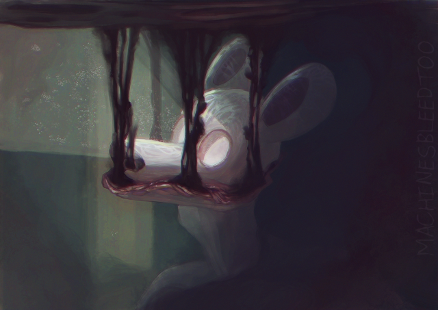 A canine with large mouse-shaped ears floats underwater. It has large round empty eyes with light coming from them as if they are a set of flashlights. its mouth is a mess of muscle and tissue, as if it never had one and it had been carved out instead. It extends all the way around the creature's head, giving the impression of a smile. blood plumes from its mouth and nostrils and floats to the surface of the water, bleeding into it. It appears content, but vacant, in expression. 