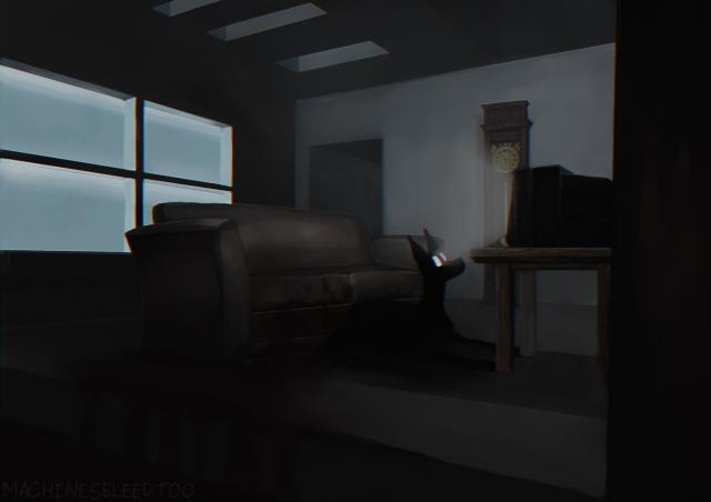 a dog-like creature with glowing long rectangle eyes sits attentively in front of a 90s style TV. the creature is entirely black and melts into the shadow of the TV stand. There is a brown couch behind it, the front of the cushions covered in blood which trails and curves around to the bottom right corner. The room is cold and concrete and the windows are empty like frosted glass too thick to see behind and they radiate blue. There is a soft shadow of a creature with empty eyes hidden in the distant hall. There is a grandfather clock and the numbers on the clockface are distorted and the wrong way around. From the TV, light and static radiates outwards, connecting with the glow from the eyes of the creature.