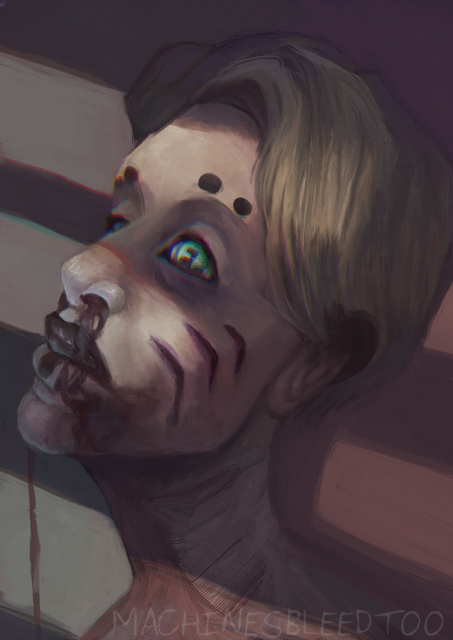 An androgynous humanoid stands with his head tilted back, skull resting against a wall. He has prominent soft features with a gaunt face and square jaw. his top lip is black, and he has a black stripe in the middle of his lower lip. His eyebrows are absent, instead there are two large black dots. His green eyes appear human aside from the pupil being rectangular. He has three large vertical scars along the underside of his cheek in a line. He has blonde hair swept to one side. he is bleeding profusely from his nose. his expression is that of complete vacancy. warm light falls on his face and the wall in stripes, giving the impression of slightly opened blinds. 