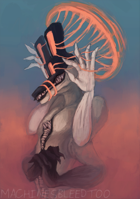 An anthropomorphic creature with a blocky dog-like head, square ears & vertical rectangle eyes, stands with its hands raised to either side of its head. Behind it is an orange halo, stringy wisps erupting from the creature's eyes & ears flow between its fingers into the halo. It has 2 orange rings restraining its muzzle. It is grinning in a twisted way with its lips curled. The top half of its head looks like a mask; it is black, its arms are white, and its body is light brown. From its sternum down it is split apart, housing clenched gnarly teeth. It has a second pair of arms which fade into black with prominent claws. The second pair of hands are clasped together. The background is pastel blue, and the creature stands in a pastel pink mist. Its overall pose is playful, despite the macabre nature of the painting