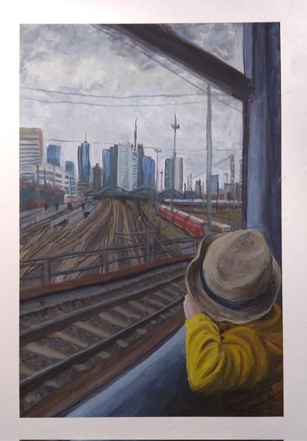 Little boy with a straw hat an a yellow sweater, sitting in a train on the window, looking back at the skyline of Frankfurt

Painted in gouache 