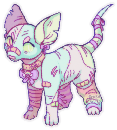 digital drawing of a patchwork sphynx cat covered in bandaids and bows